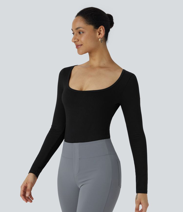 U Neck Long Sleeve Snap Button Skinny Work Bodysuit