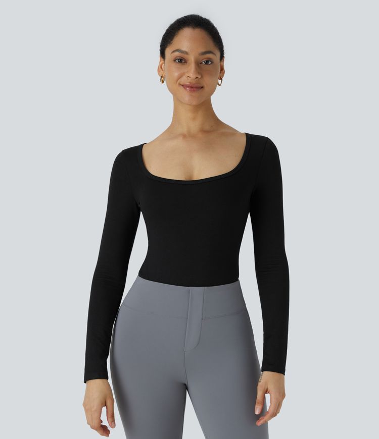 U Neck Long Sleeve Snap Button Skinny Work Bodysuit