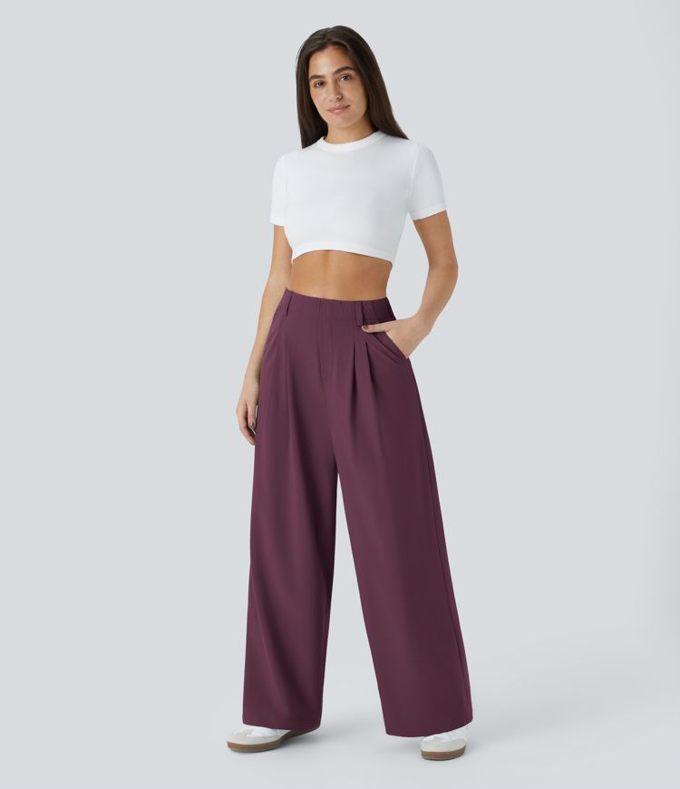 Breezeful™ Pantalon Large Fluide Taille Haute Poches Latérales Palazzo Solide Casual Linen-Feel