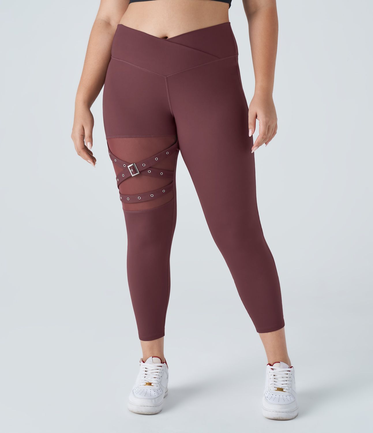 Leggings de yoga de talla grande con hebilla decorativa de malla de contraste y cintura alta