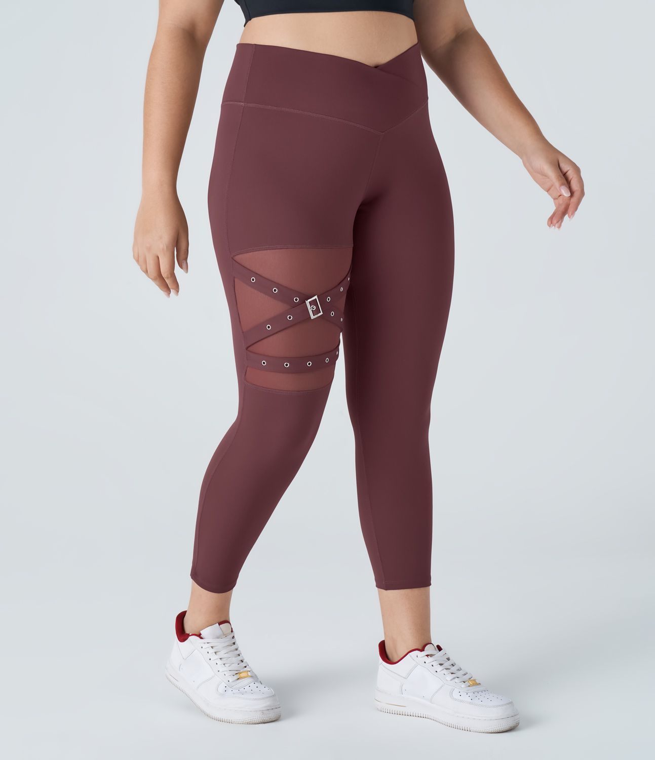 Leggings de yoga de talla grande con hebilla decorativa de malla de contraste y cintura alta
