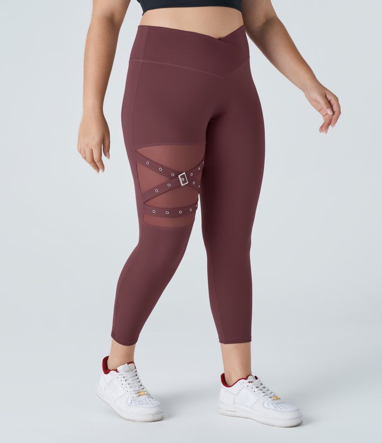Leggings de yoga de talla grande con hebilla decorativa de malla de contraste y cintura alta