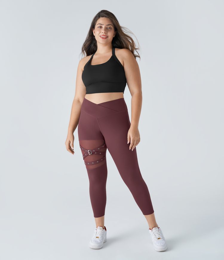 Leggings de yoga de talla grande con hebilla decorativa de malla de contraste y cintura alta