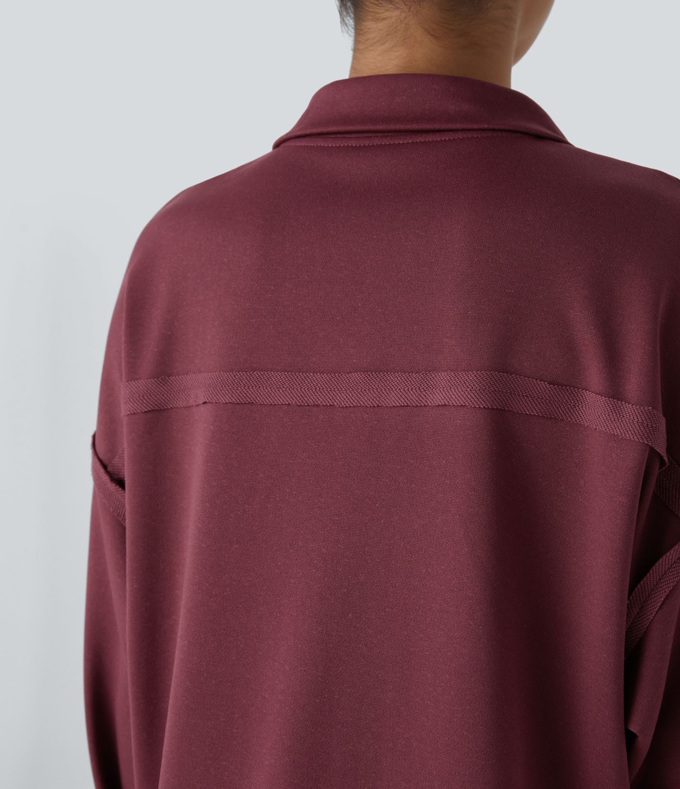 Collar Snap Button Dropped Shoulder Long Sleeve Split Hem Casual Sweatshirt