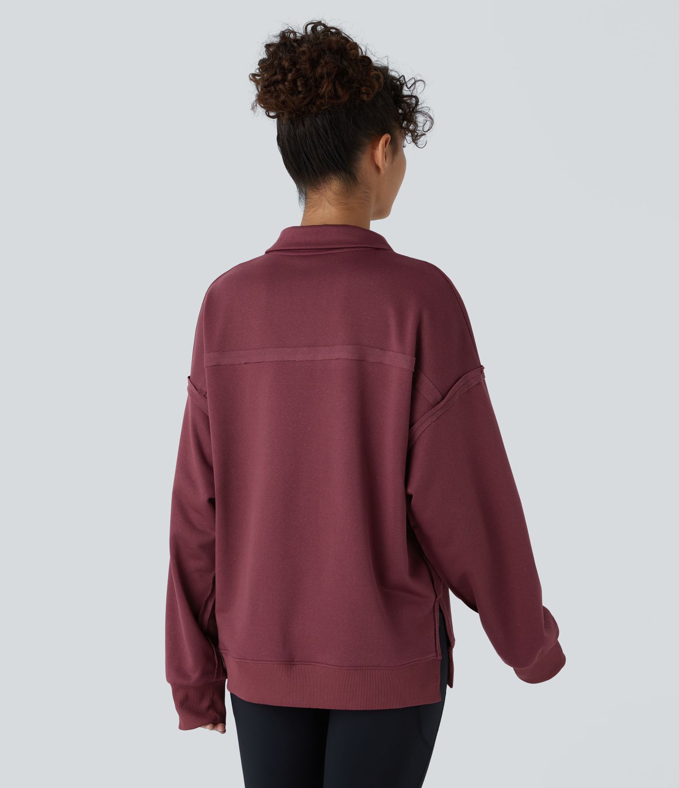 Collar Snap Button Dropped Shoulder Long Sleeve Split Hem Casual Sweatshirt