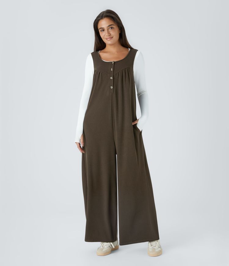 Texture Woven Sleeveless Jumpsuit With Side Button