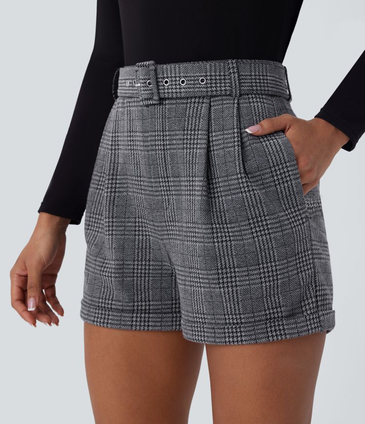 High Waisted Belted Side Pocket Rolled Hem Houndstooth Plaid Work Shorts