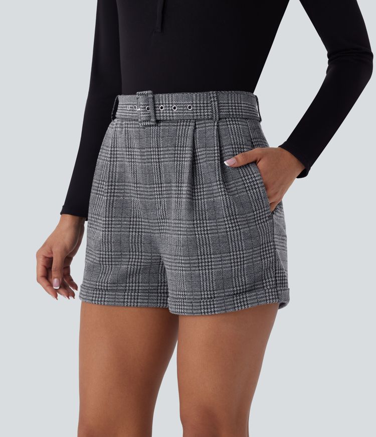 High Waisted Belted Side Pocket Rolled Hem Houndstooth Plaid Work Shorts