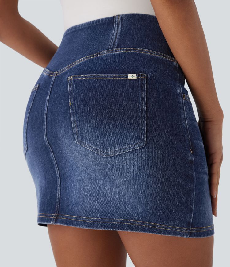 Halara Flex™ Crossover High Waisted Pockets Bodycon Mini Washed Denim Casual Skirt
