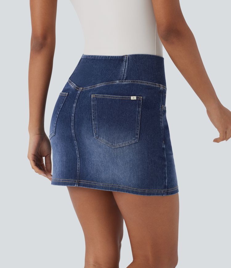 Halara Flex™ Crossover High Waisted Pockets Bodycon Mini Washed Denim Casual Skirt