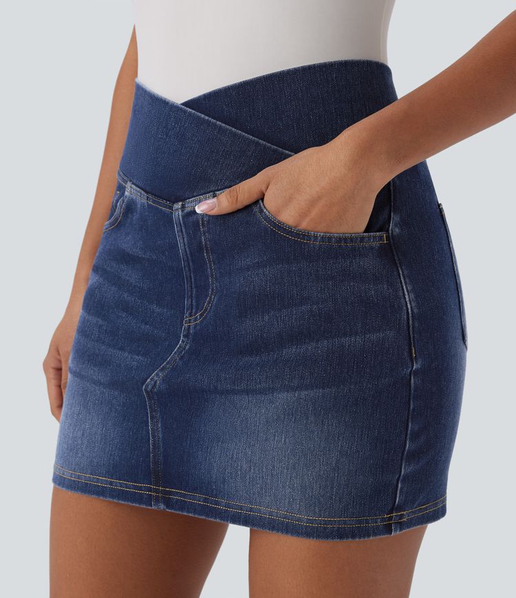 Halara Flex™ Crossover High Waisted Pockets Bodycon Mini Washed Denim Casual Skirt