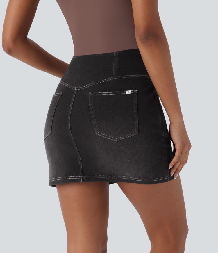 Halara Flex™ Jupe en Jean courte en maille extensible délavée à taille haute croisée avec poches multiples