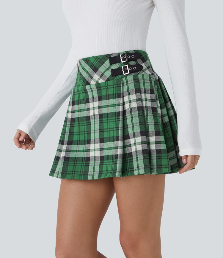 High Waisted Decorative Buckle 2-in-1 Plaid Pleated Mini Casual Skirt
