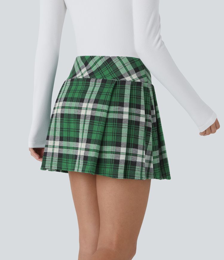 High Waisted Decorative Buckle 2-in-1 Plaid Pleated Mini Casual Skirt