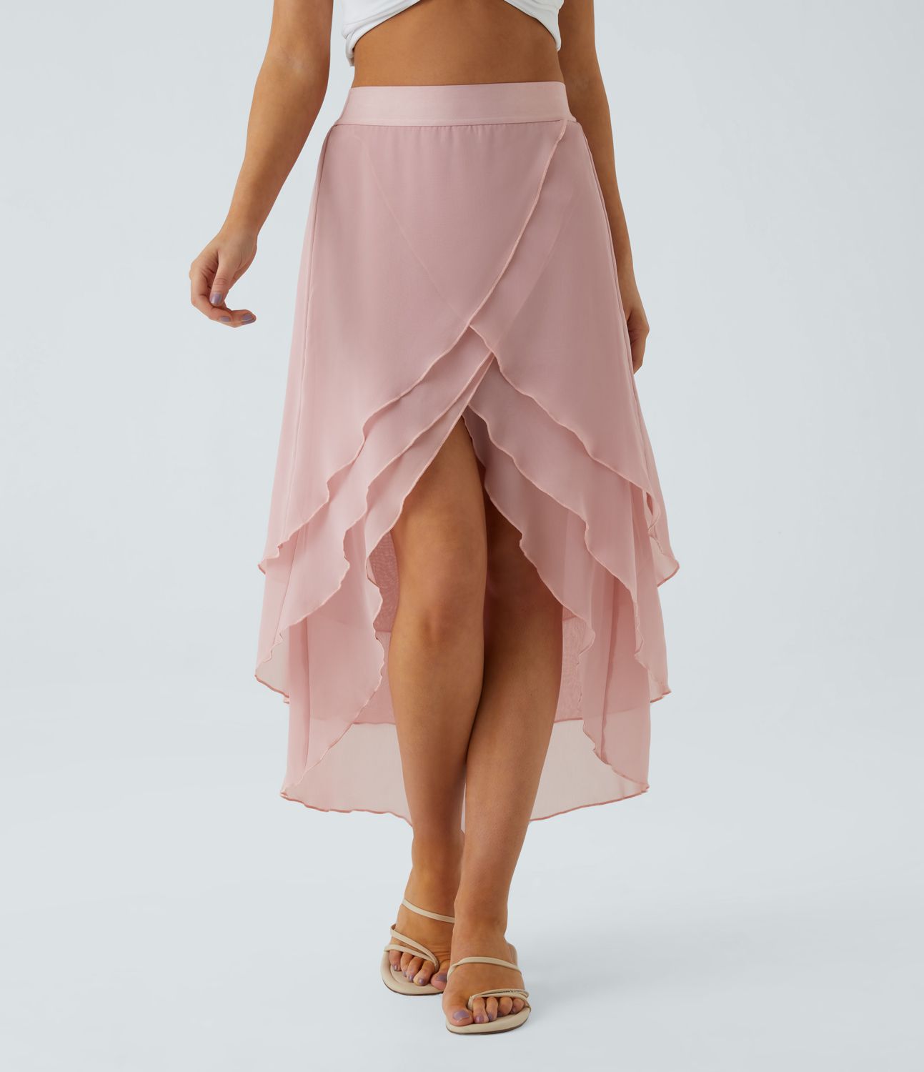 하이웨이스트 레이어드 러플 밑단 하이 로우 플로위 맥시 캐주얼 스커트