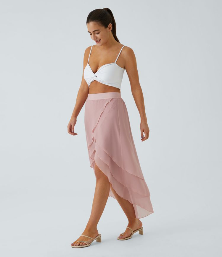 High-waist layered ruffle hem high low flowy maxi casual skirt