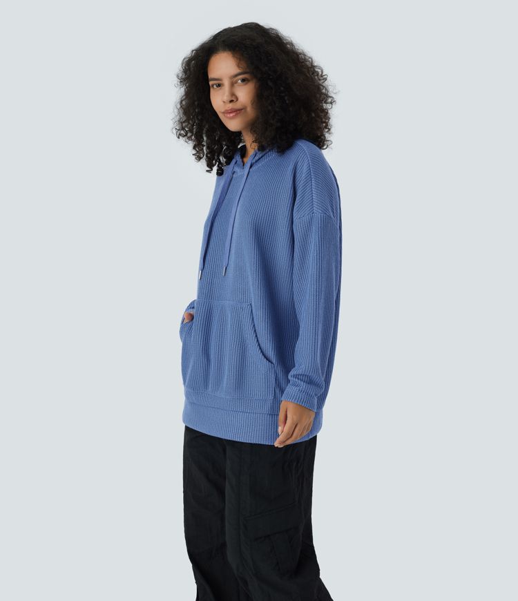 Ribbed Knit Hoodie Drawstring Drop Shoulder Kangaroo Pocket Oversized Casual Sweatshirt