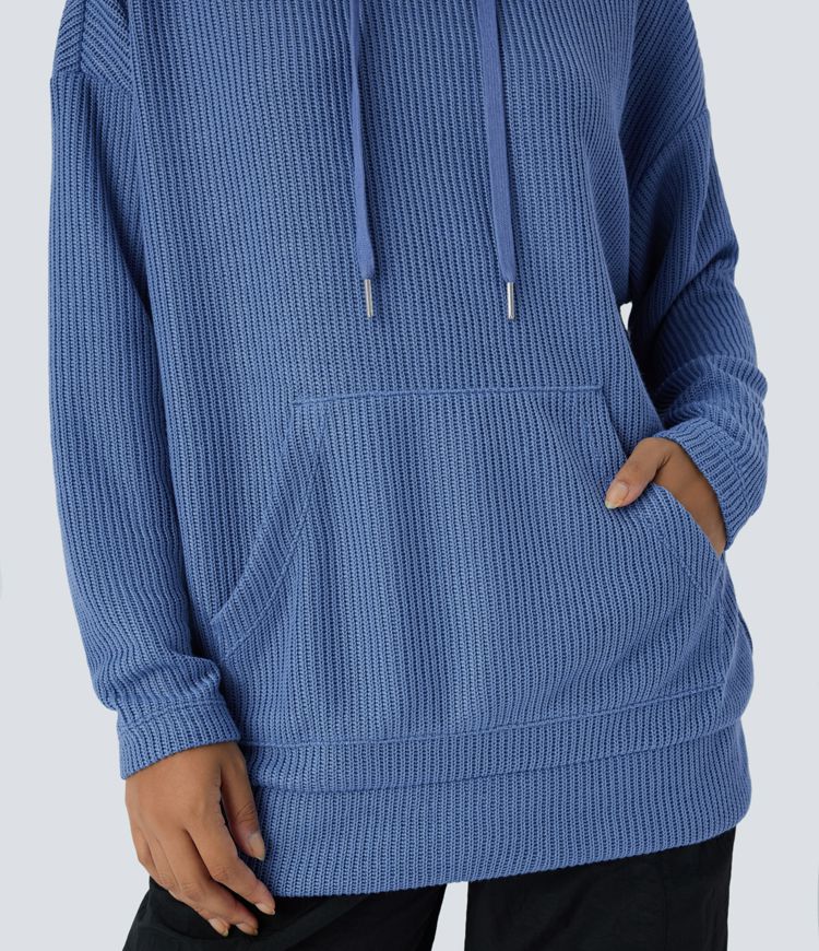 Ribbed Knit Hoodie Drawstring Drop Shoulder Kangaroo Pocket Oversized Casual Sweatshirt