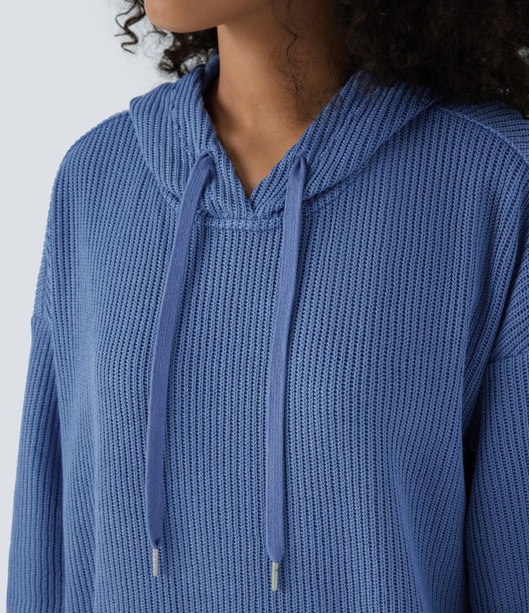 Ribbed Knit Hoodie Drawstring Drop Shoulder Kangaroo Pocket Oversized Casual Sweatshirt