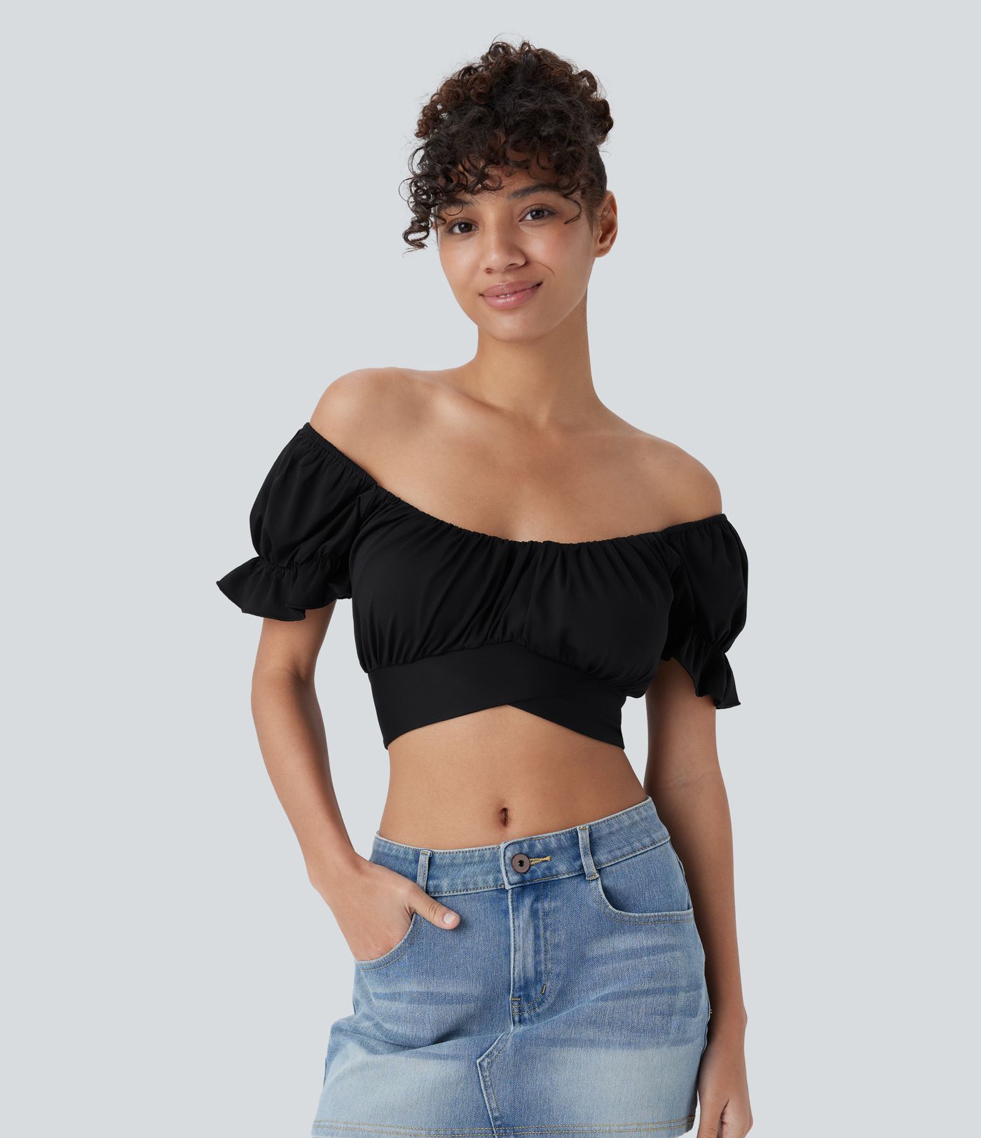 Top Court décontracté à Manches Bouffantes avec Liens Croisés au Dos