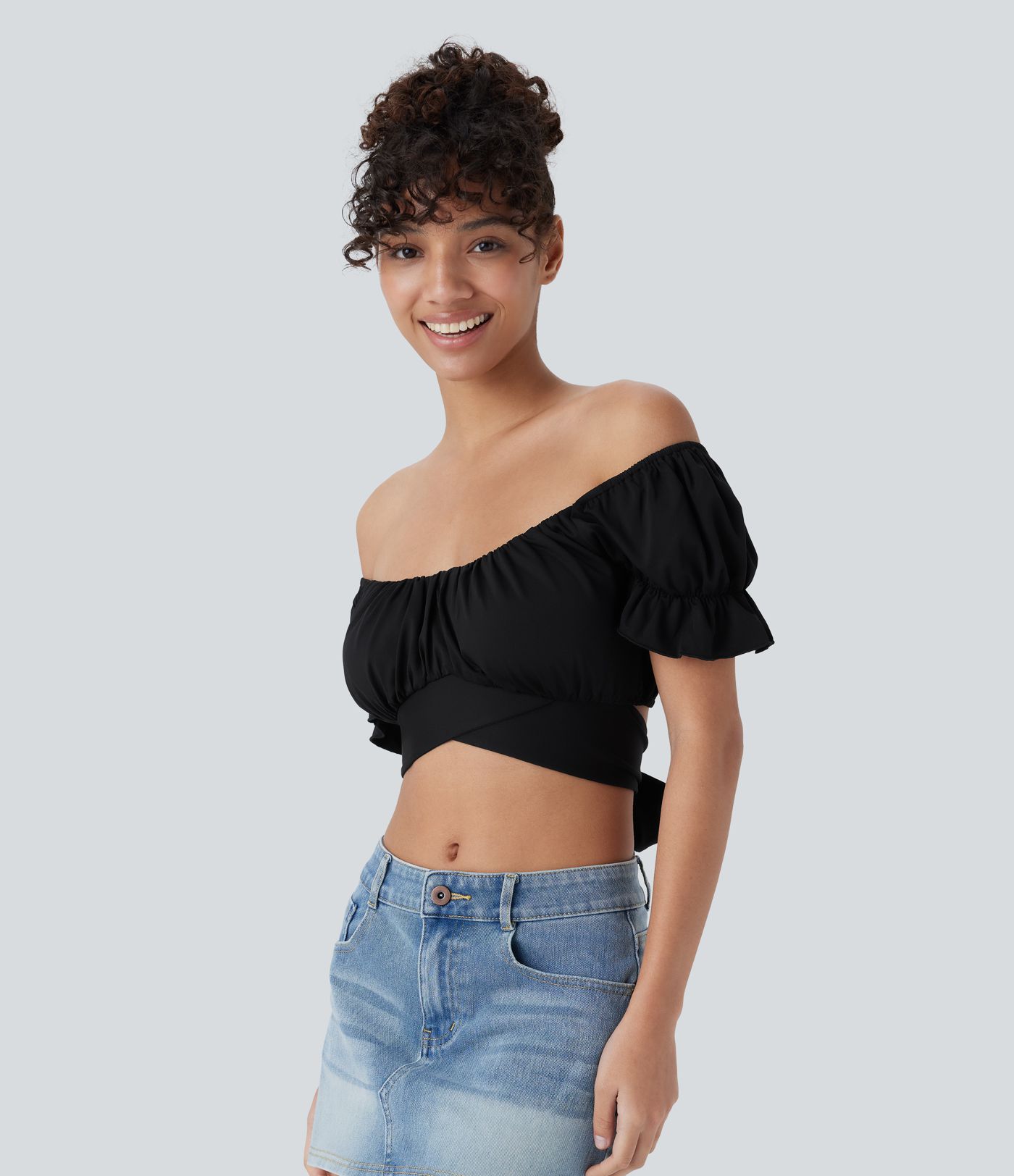 Top Court décontracté à Manches Bouffantes avec Liens Croisés au Dos