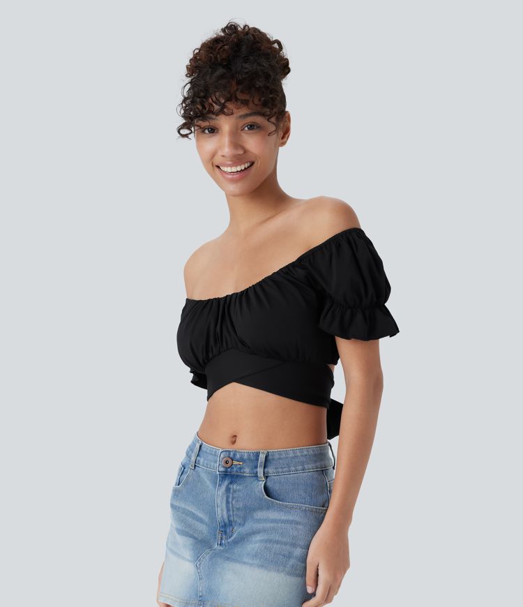 Top Court décontracté à Manches Bouffantes avec Liens Croisés au Dos