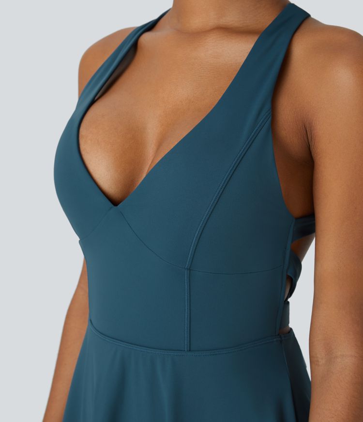 Mini vestido baile acampanado bolsillo lateral 2 en 1 cuello en V profundo sin mangas sin espalda espalda cruzada retorcida