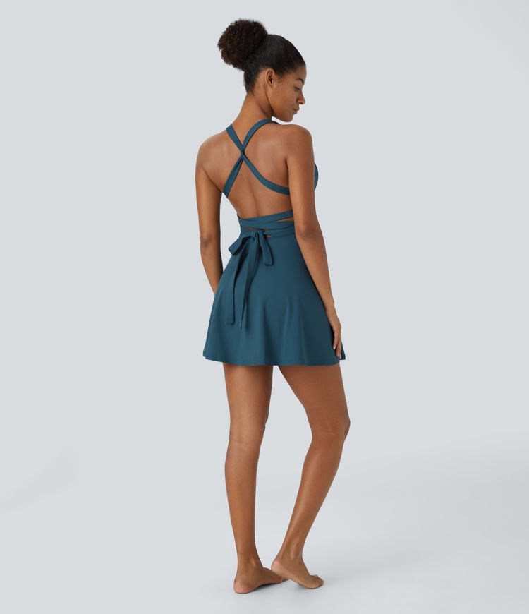 Mini vestido baile acampanado bolsillo lateral 2 en 1 cuello en V profundo sin mangas sin espalda espalda cruzada retorcida