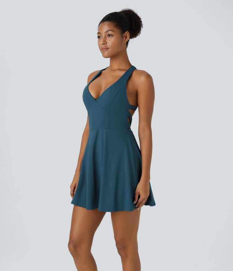 Backless Crisscross Tie Back 2-in-1 Pocket Flare Mini Dance Active Dress