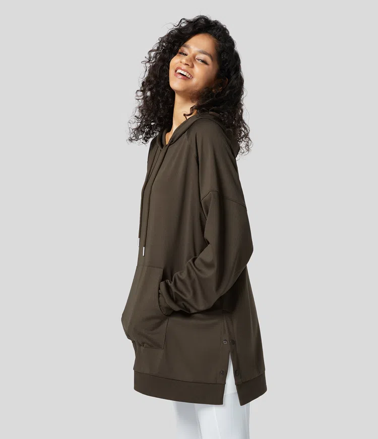 Ribbed Hoodie Drawstring Raglan Sleeve Kangaroo Pocket Split Snap Button Oversized Casual Sweatshirt