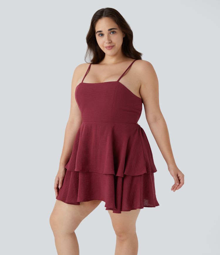 Mini vestido talla grande tacto lino sin espalda tirante ajustable lazo espalda volante escalonado fluido