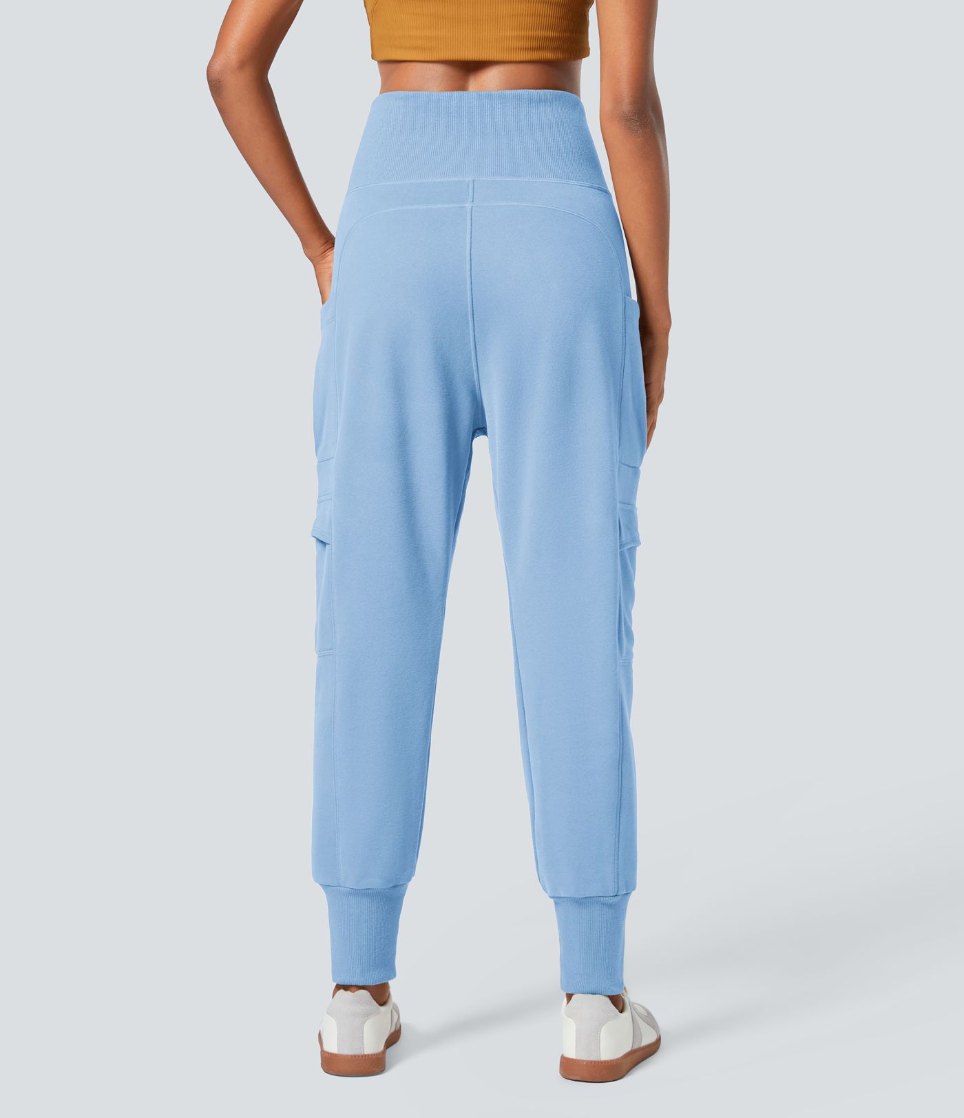 High Waisted Foldover Pocket Harem Fleece Casual Cargo Joggers