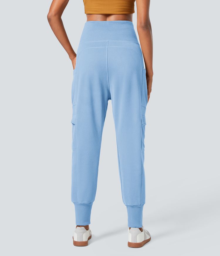 High Waisted Foldover Pocket Harem Fleece Casual Cargo Joggers