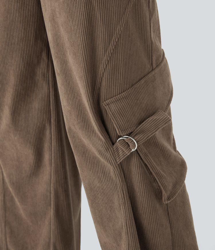 High Waisted Decorative Buckle Pockets Corduroy Casual Cargo Pants