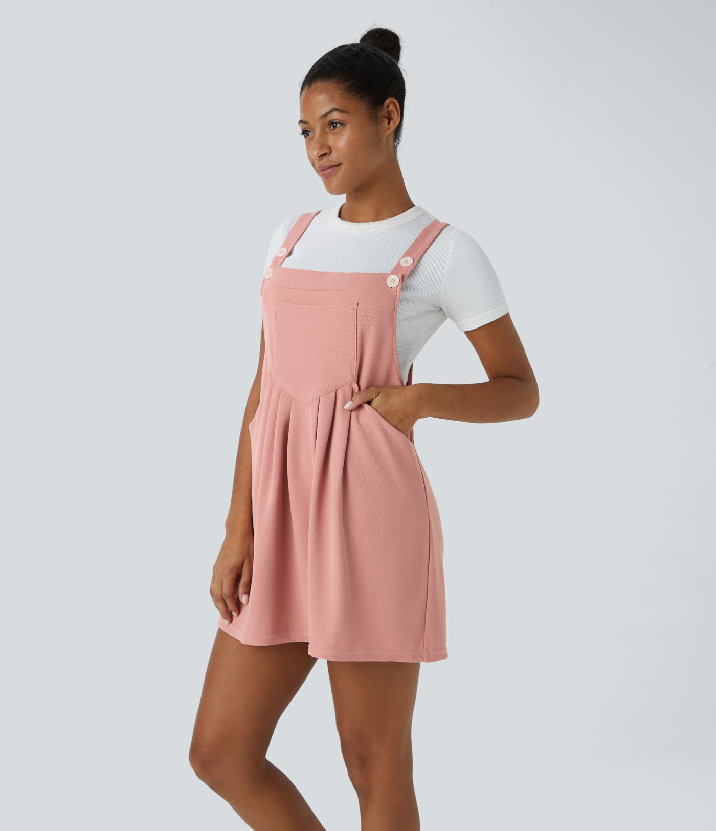 Adjustable Strap Button Multiple Pockets Mini Waffle Casual Pinafore Dress