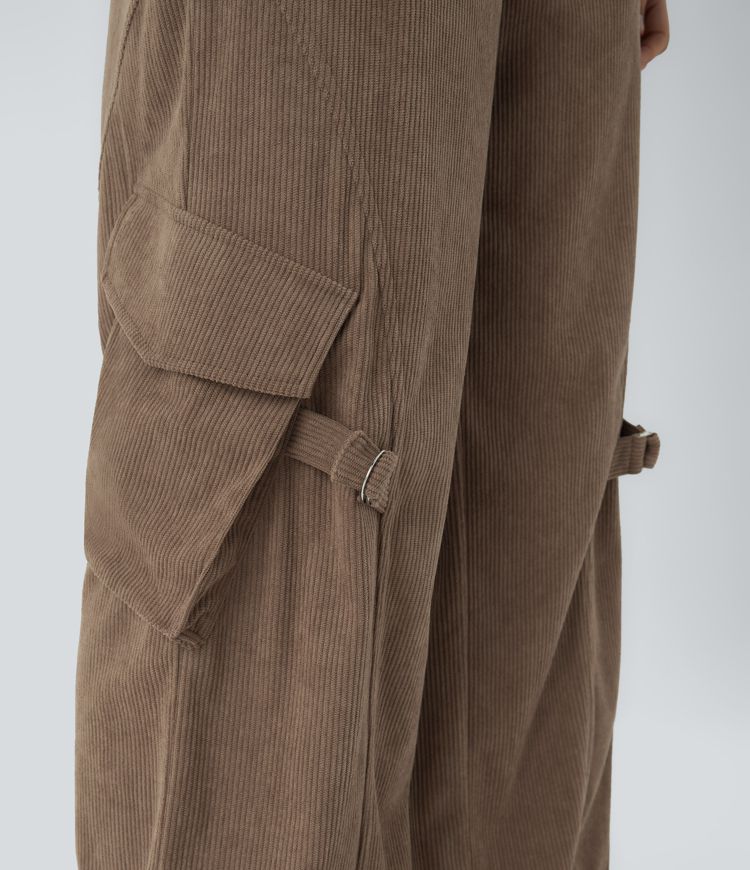 High Waisted Decorative Buckle Pockets Corduroy Casual Cargo Pants