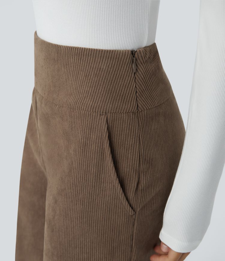 High Waisted Decorative Buckle Pockets Corduroy Casual Cargo Pants