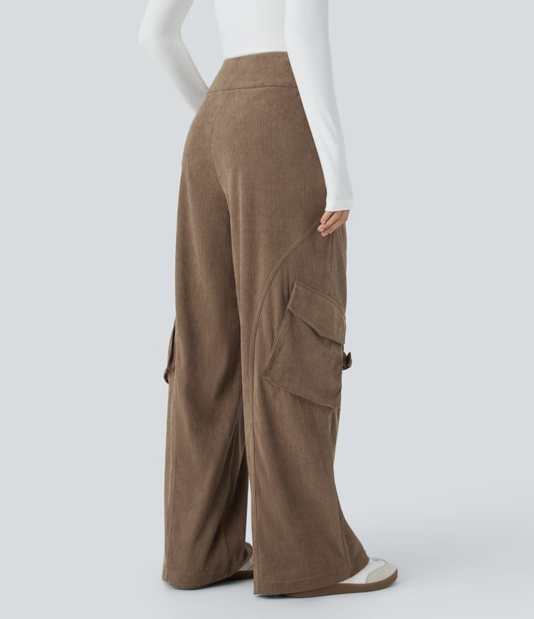 High Waisted Decorative Buckle Pockets Corduroy Casual Cargo Pants