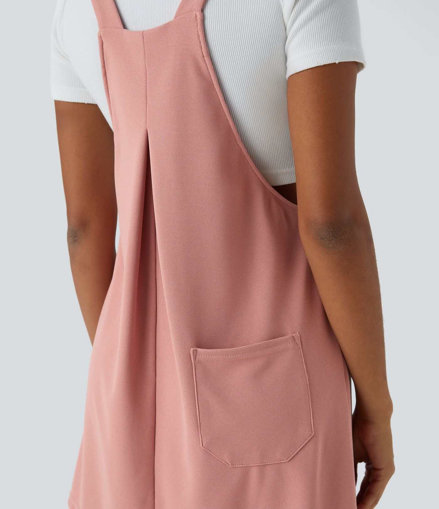 Adjustable Strap Button Multiple Pockets Mini Waffle Casual Pinafore Dress