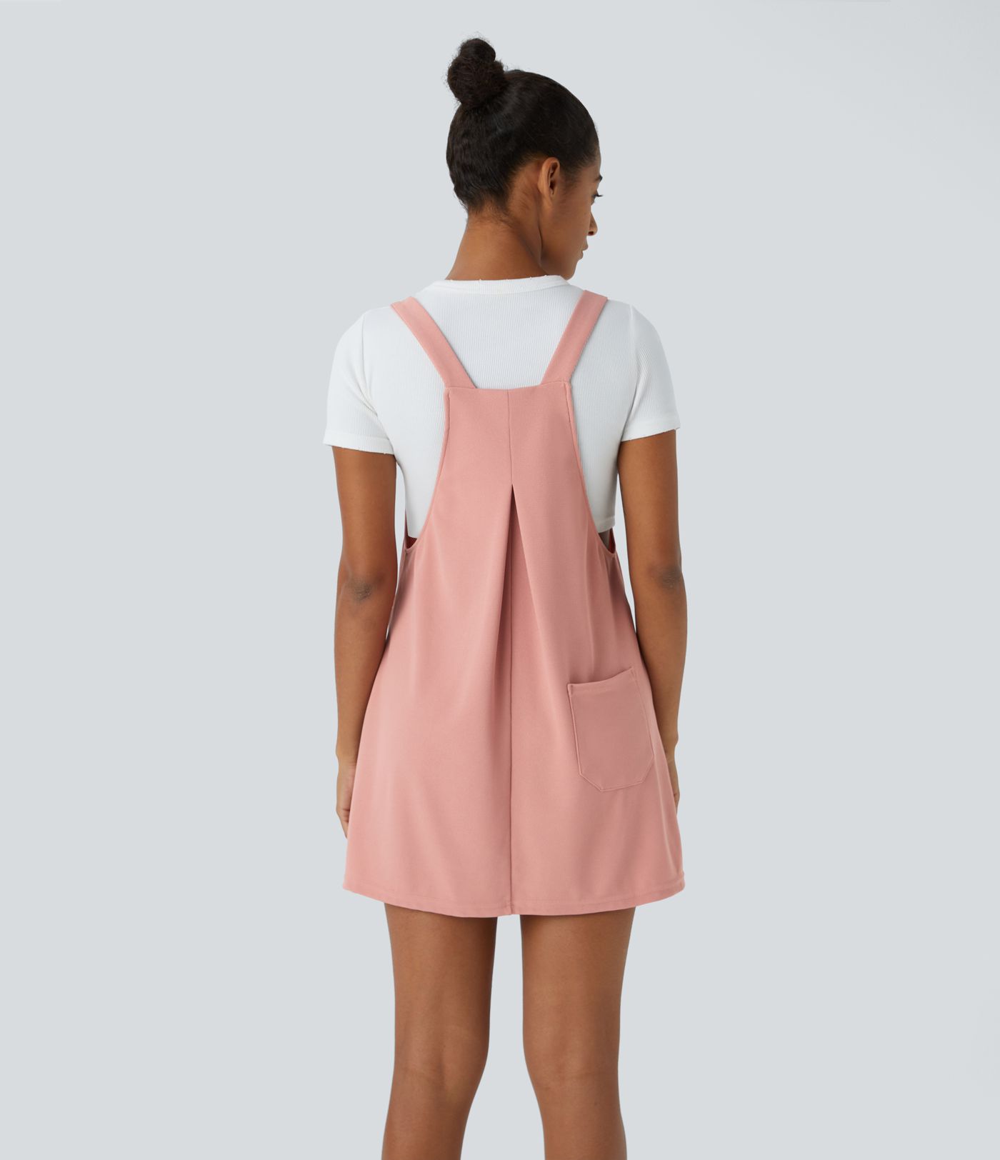 Adjustable Strap Button Multiple Pockets Mini Waffle Casual Pinafore Dress