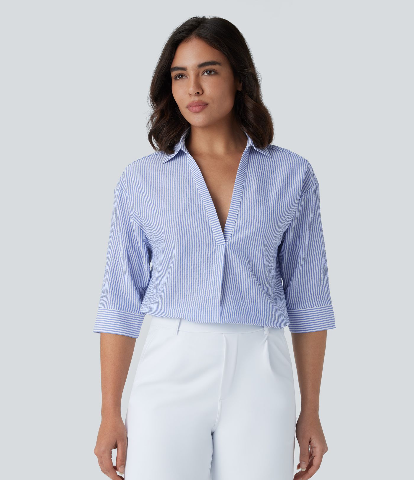Chemisier de Travail à Rayures avec Ourlet Incurvé et Manches Mi-Longues