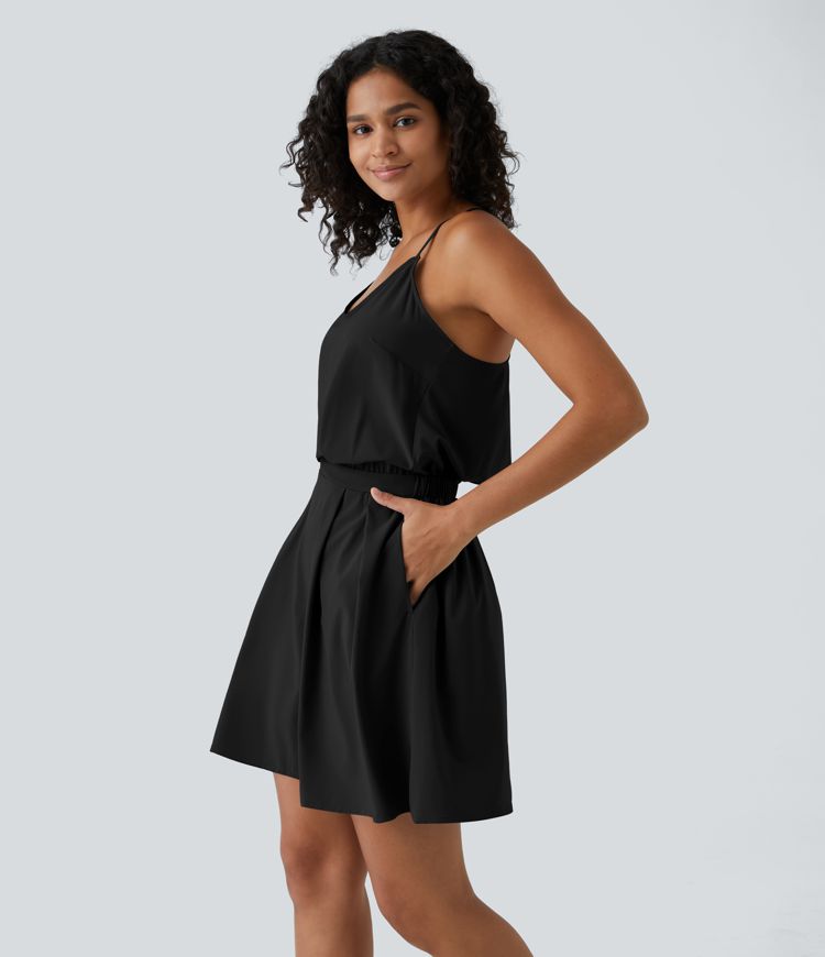 Breezeful™ Adjustable Strap Backless Cut Out Side Pocket Pleated Mini Quick Dry Casual Dress