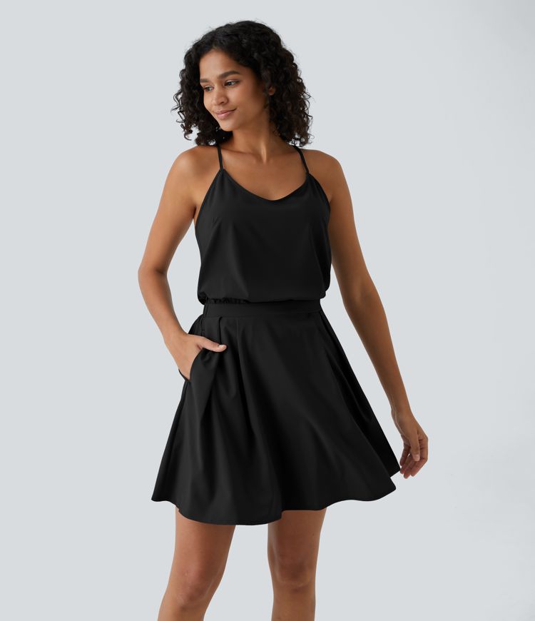 Breezeful™ Adjustable Strap Backless Cut Out Side Pocket Pleated Mini Quick Dry Casual Dress