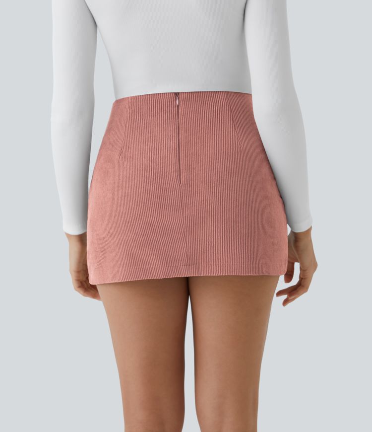 High Waisted Invisible Zipper 2-in-1 A Line Mini Corduroy Casual Skirt