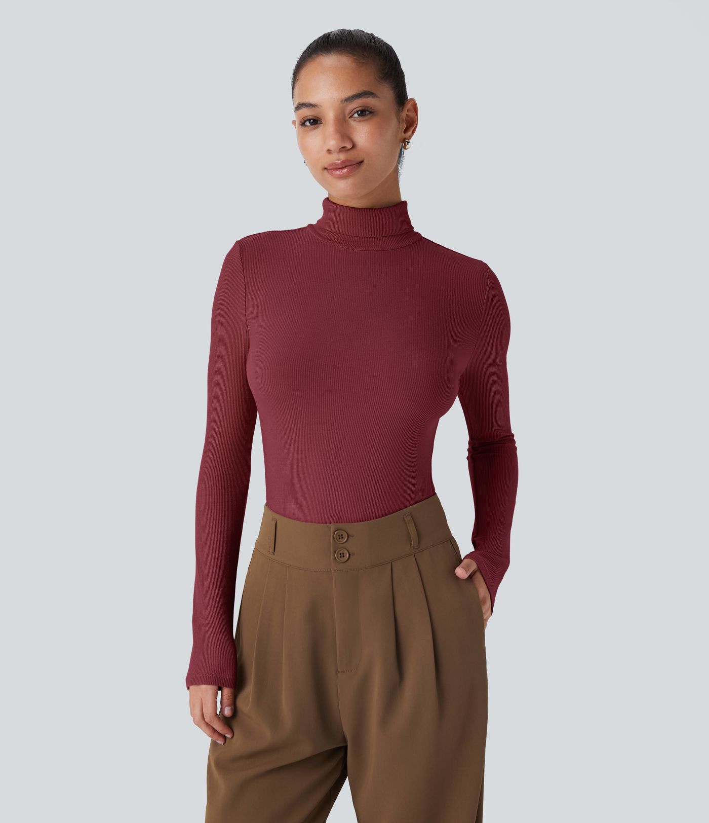 Ribbed Knit High Collar Long Sleeve Casual Top