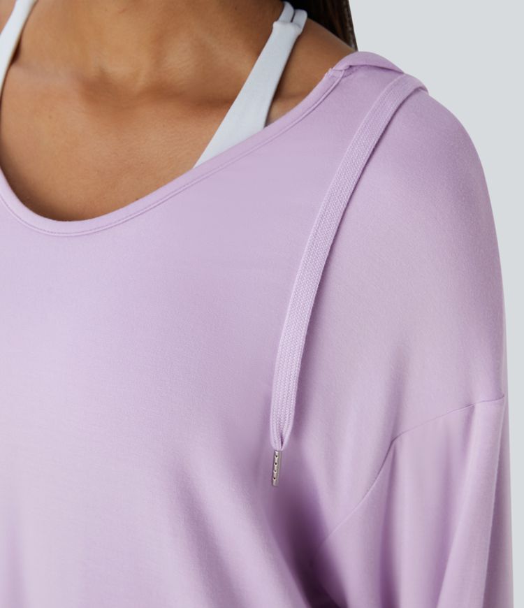 Hooded V Neck Drawstring Thumb Hole Split Longline Casual Sweatshirt