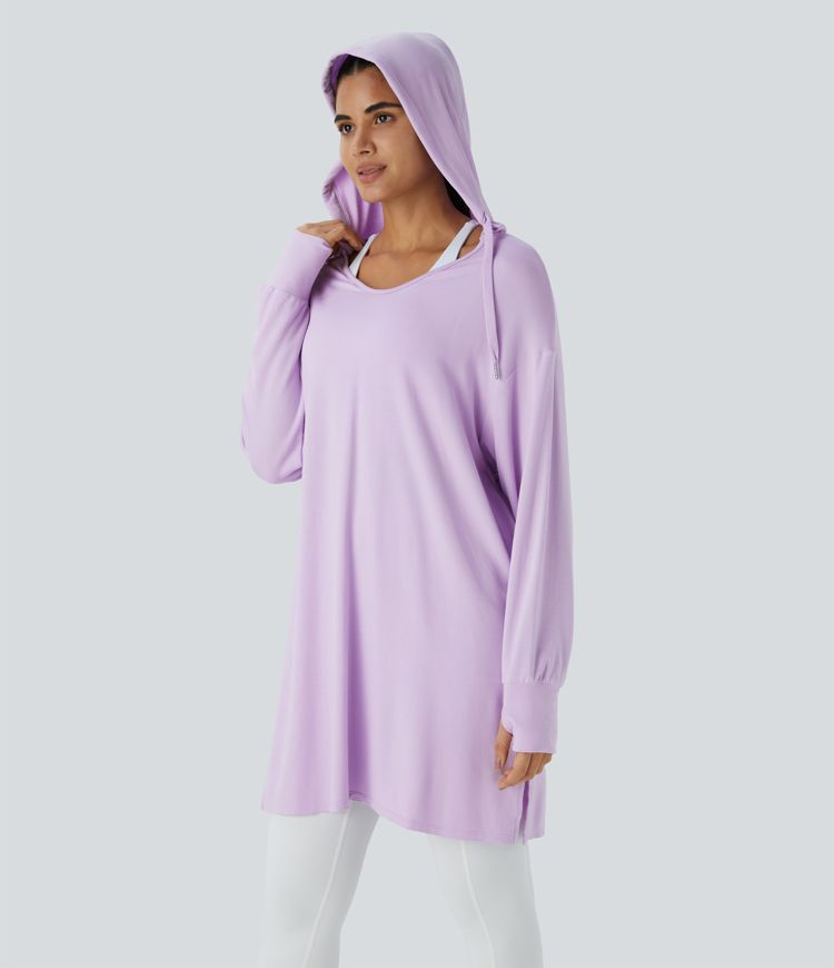 Hooded V Neck Drawstring Thumb Hole Split Longline Casual Sweatshirt