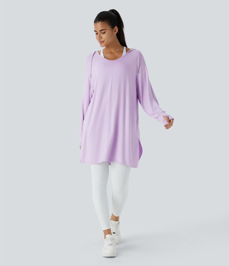 Hooded V Neck Drawstring Thumb Hole Split Longline Casual Sweatshirt