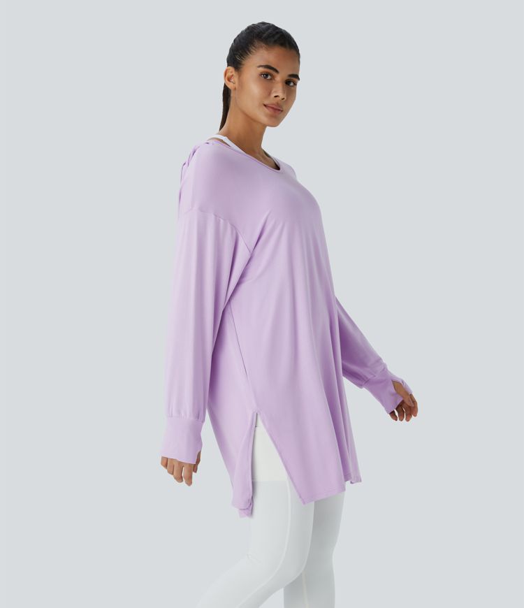 Hooded V Neck Drawstring Thumb Hole Split Longline Casual Sweatshirt