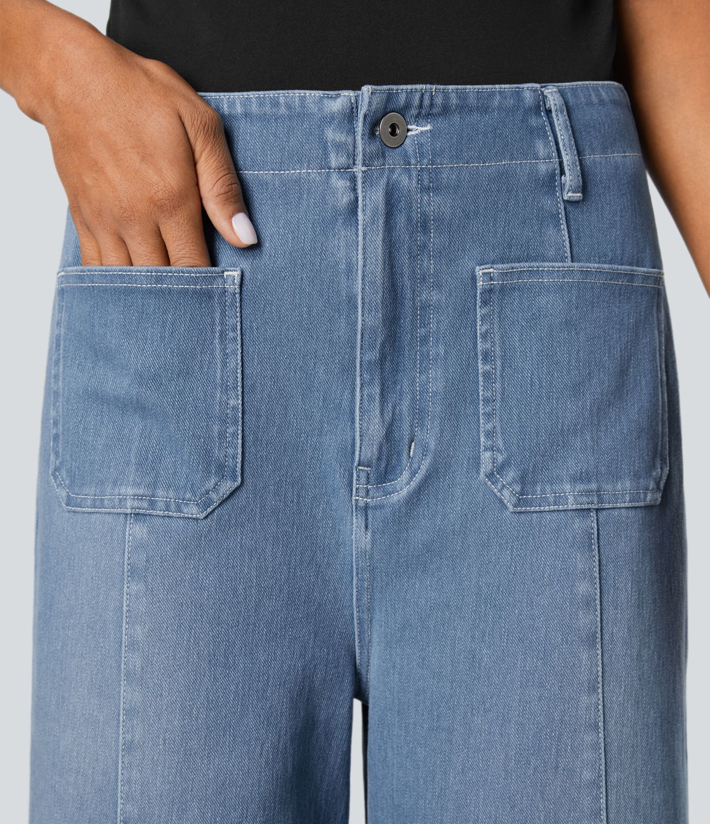 Halara Flex™ High Waisted Pockets Washed Denim Casual Women Wide Leg Baggy Jeans